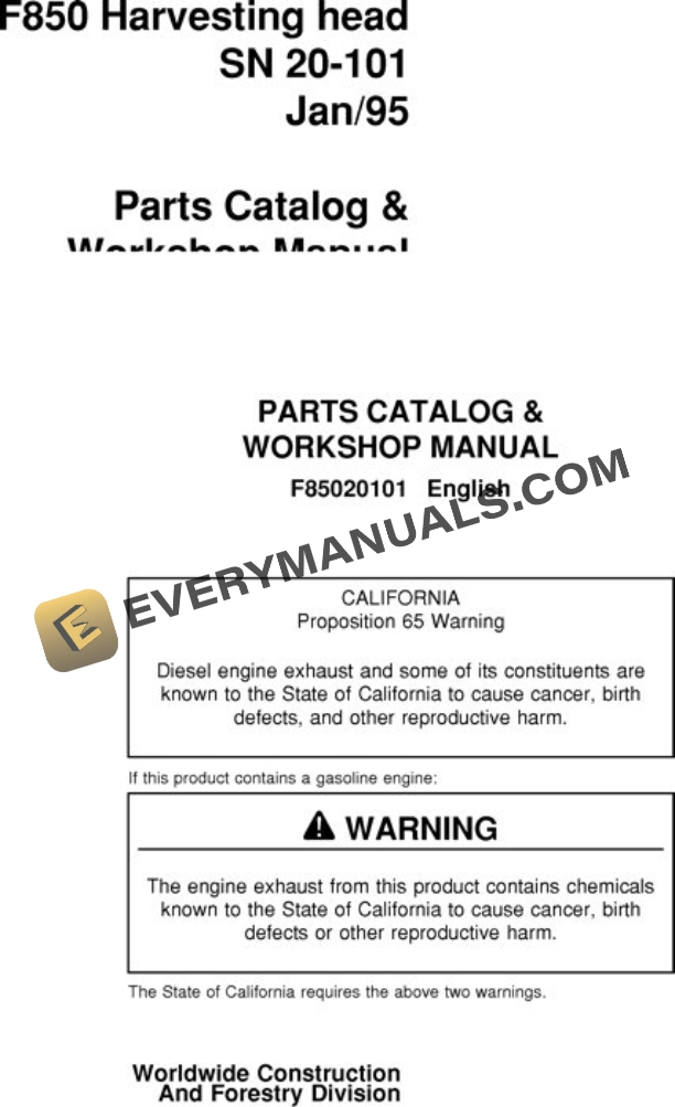 John Deere F850 Harvesting Head Parts Catalog F85020101