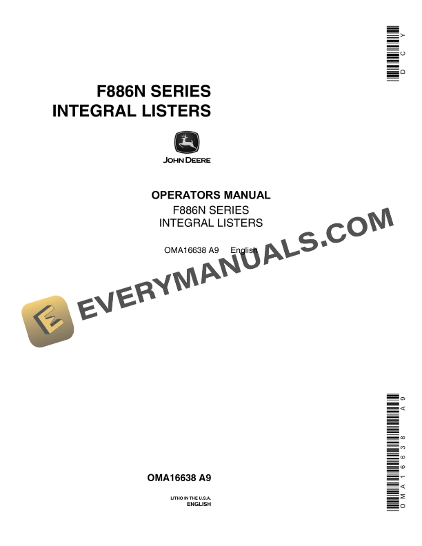 John Deere F886N Series Integral Listers Operator Manual OMA16638
