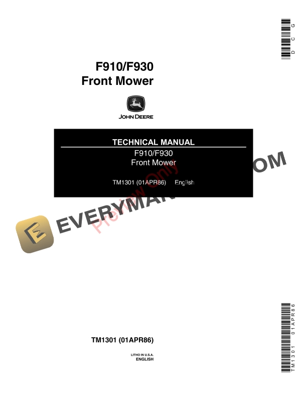 John Deere F910 F930 Front Mowers Technical Manual TM1301 01APR86 1