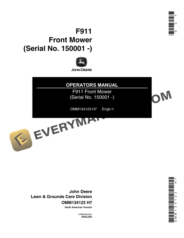 John Deere F911 Front Mower Serial No. 150001 Operator Manual OMM134123 1
