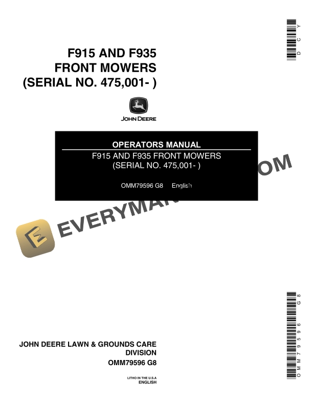 John Deere F915 and F935 Front Mowers Operator Manual OMM79596