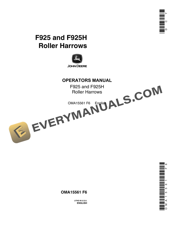 John Deere F925 and F925H Roller Harrows Operator Manual OMA15561