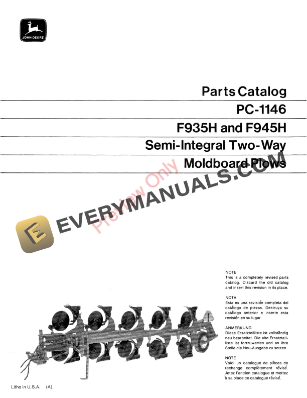 John Deere F935H F945H Semi Integral Two Way Moldboard Plows Parts Catalog PC1146 01JUN72 1