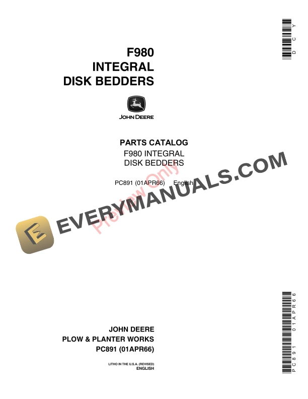 John Deere F980 Integral Disk Bedders Parts Catalog PC891 01APR66