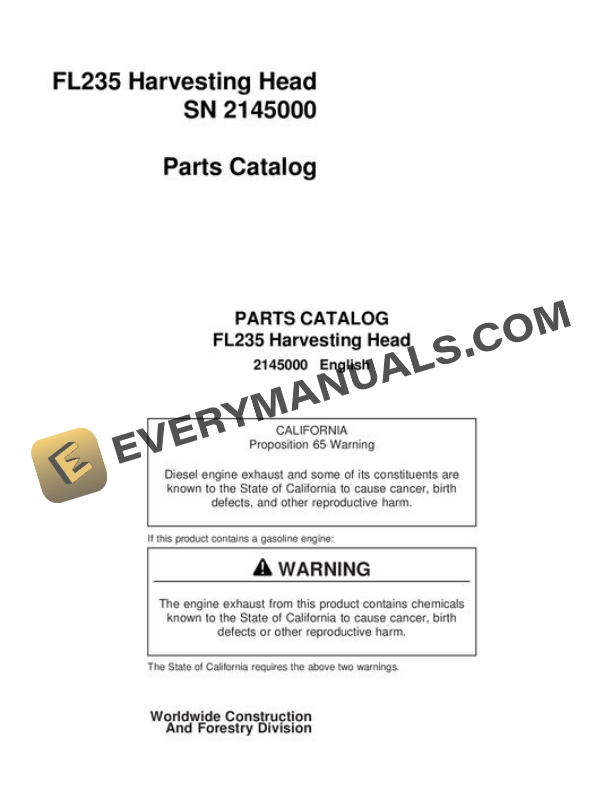 John Deere FL235 Harvesting Head Parts Catalog 2145000