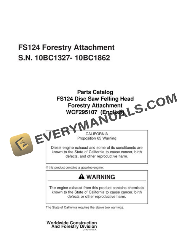 John Deere FS124 Stt Disc Saw Felling Head Parts Catalog WCF295107