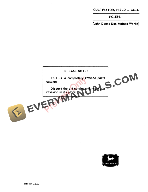 John Deere Field Cultivator - Model CC-A Parts Catalog PC554 01OCT65