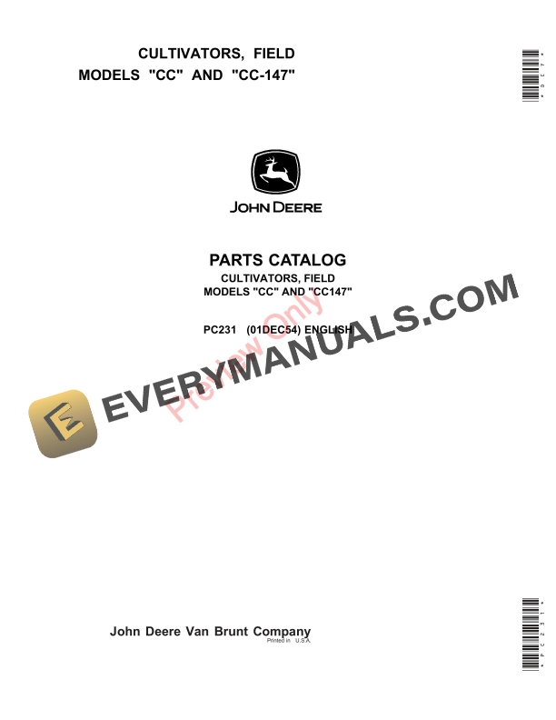 John Deere Field Cultivators - Models CC, CC-147 Parts Catalog PC231 01DEC54