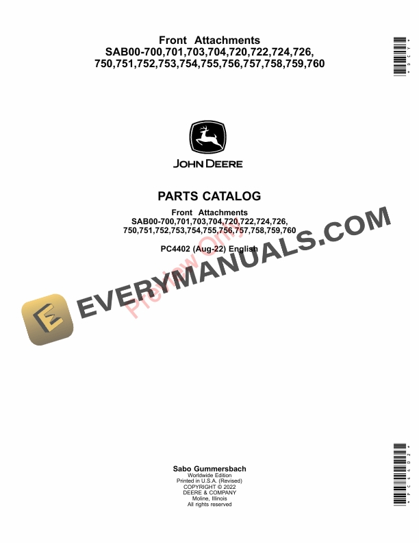 John Deere Front Attachments SAB00 7007017037047207227247267507517527537547557567577587597 Parts Catalog PC4402 25AUG22 1