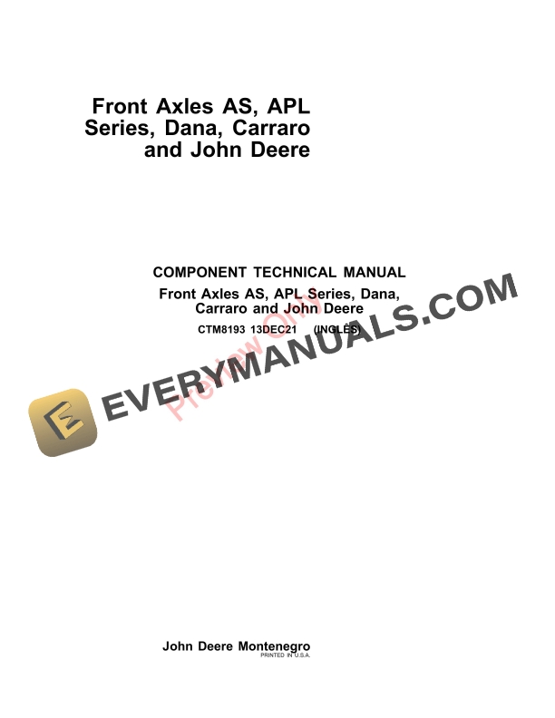 John Deere Front Axles AS APL Series Dana Carraro Component Technical Manual CTM8193 13DEC21 1