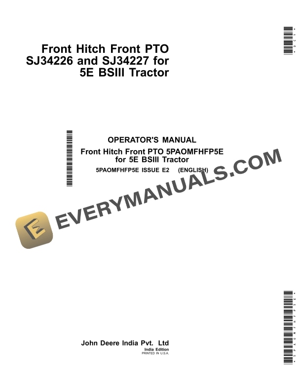 John Deere Front Hitch Front PTO SJ34226 and SJ34227 for 5E BSIII Tractor Operator Manual 5PAOMFHFP5E 1