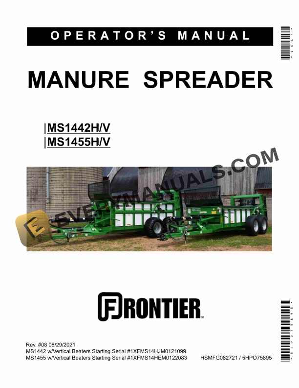 John Deere Frontier MS1442H V MS1455H V MANURE SPREADER Operator Manual 5HPO75895 1