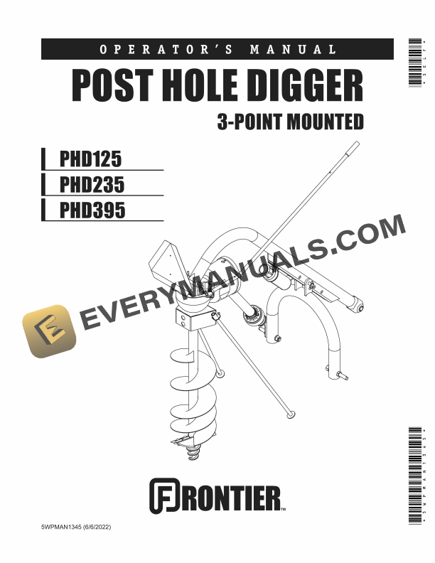 John Deere Frontier PHD125, PHD235, PHD395 3-Point Mounted Post Hole Digger Operator Manual 5WPMAN1345
