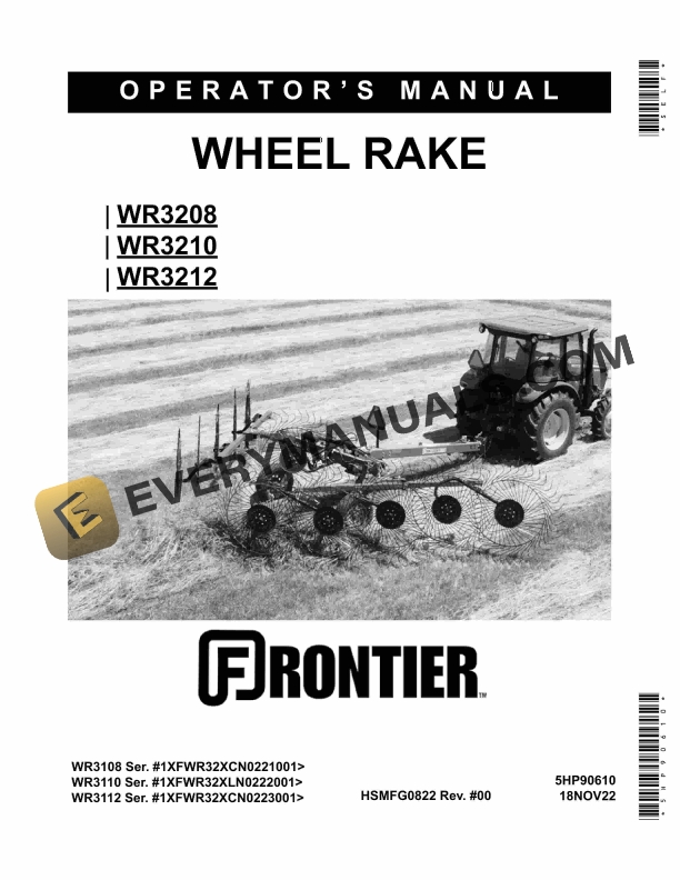John Deere Frontier WR3208 WR3210 WR3212 WHEEL RAKE Operator Manual 5HP90610 1