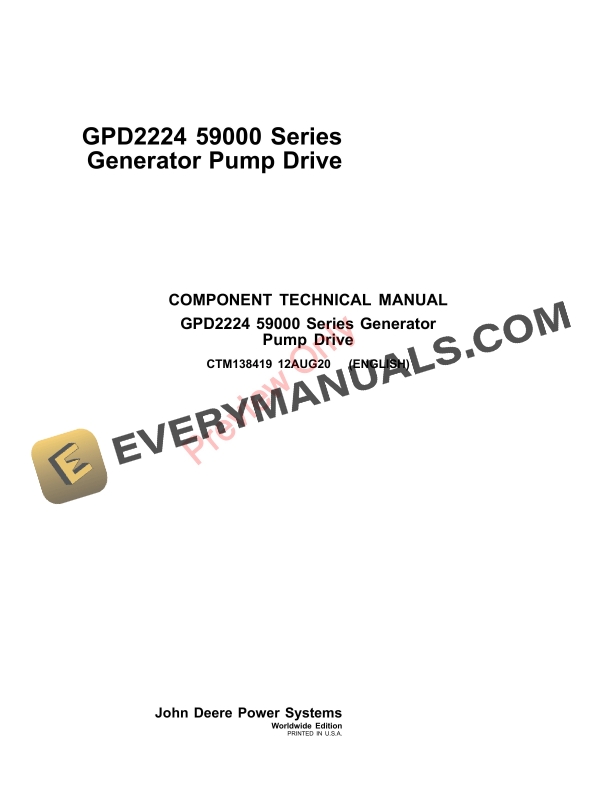John Deere GPD2224 59000 Series Generator Pump Drive Component Technical Manual CTM138419 12AUG20 1