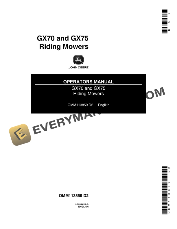 John Deere GX70 and GX75 Riding Mowers Operator Manual OMM113859 1