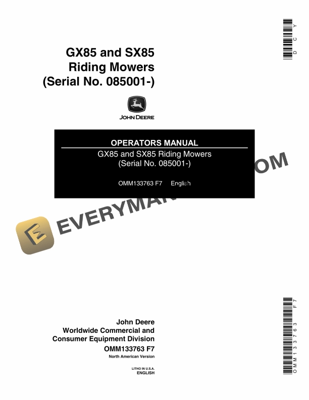 John Deere GX85 and SX85 Riding Mowers Serial No. 085001 Operator Manual OMM133763 1