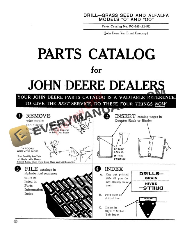 John Deere Grass Seed and Alfalfa Drill - Models O, OO Parts Catalog PC282 01DEC52
