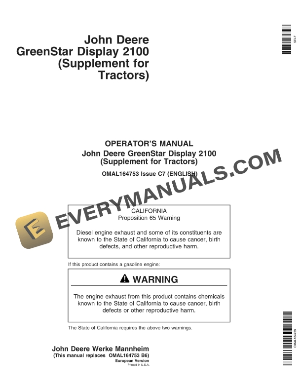 John Deere GreenStar Display 2100 Operator Manual OMAL164753 1