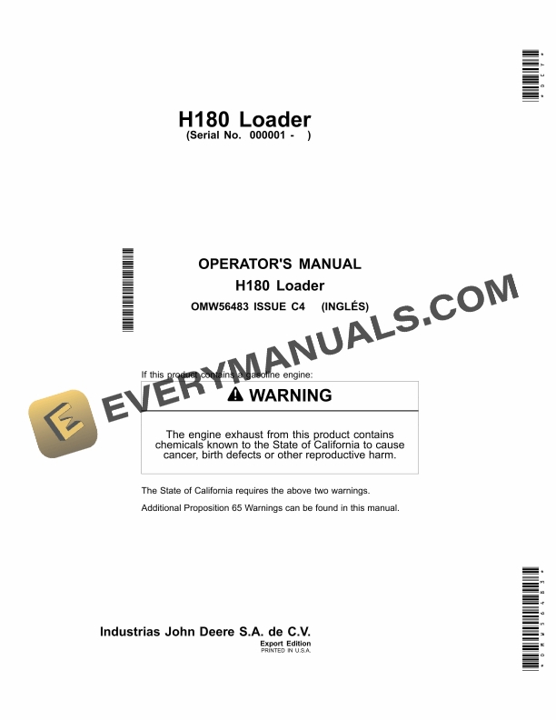 John Deere H180 Loader Operator Manual OMW56483 1 John Deere H180 Loader Operator Manual OMW56483 1