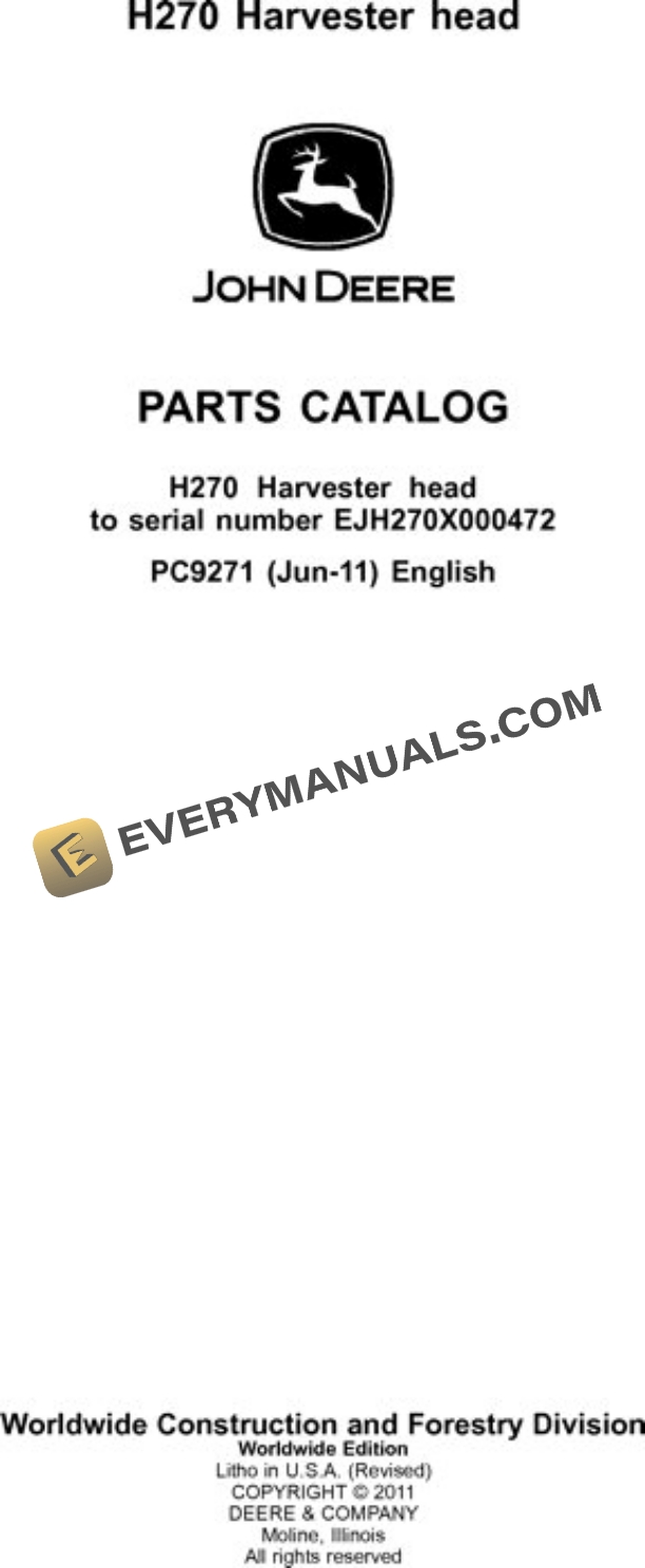 John Deere H270 Harvesting Head Parts Catalog PC9271