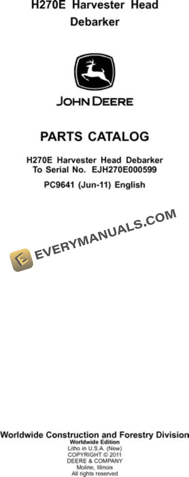 John Deere H270E Harvesting Head Parts Catalog PC9641