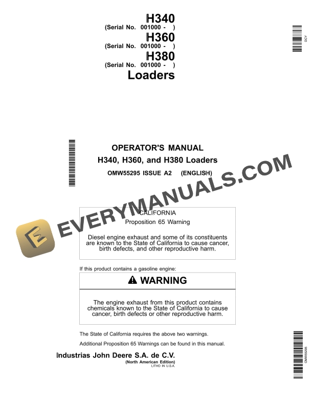 John Deere H340, H360, H380 Loader Operator Manual OMW55295