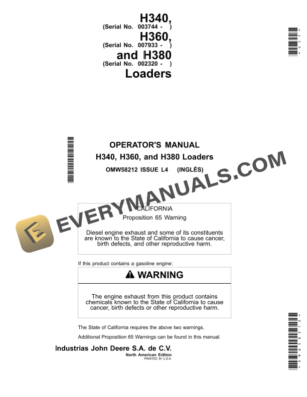 John Deere H340 H360 and H380 Loader Operator Manual OMW58212 1