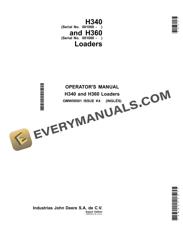John Deere H340 and H360 Loader Operator Manual OMW59501 1