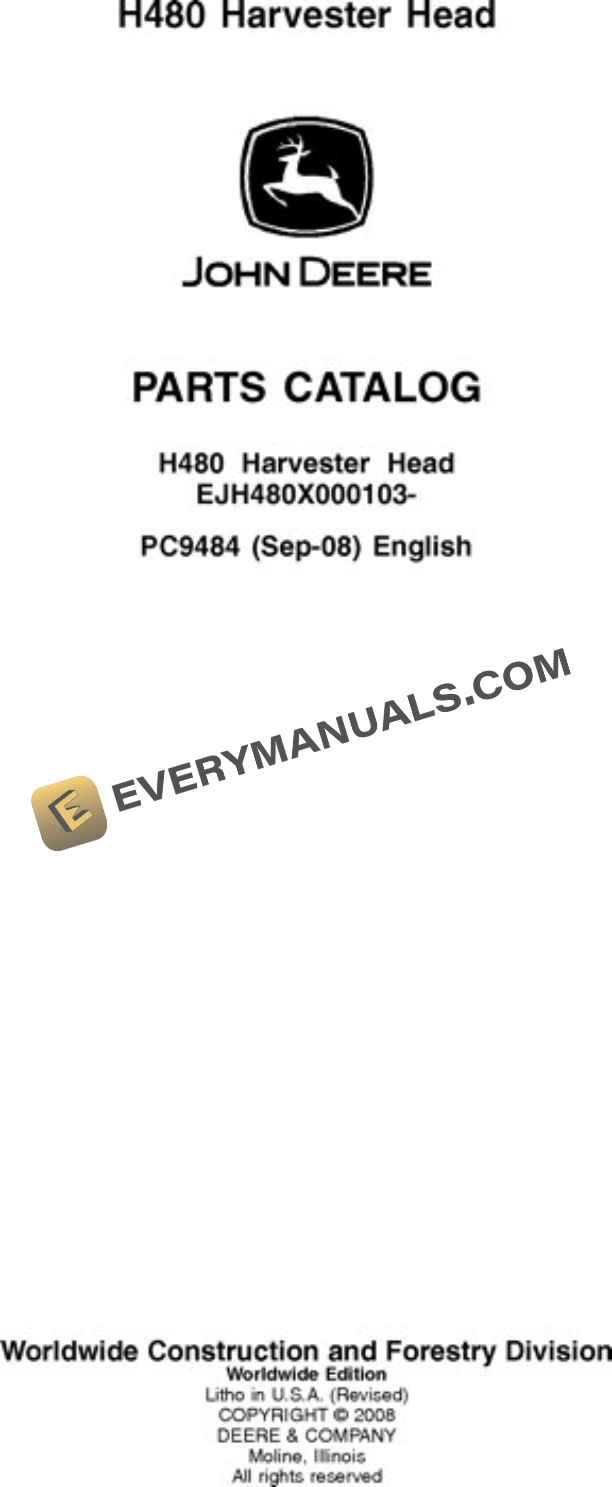 John Deere H480 Harvesting Head Parts Catalog PC9494