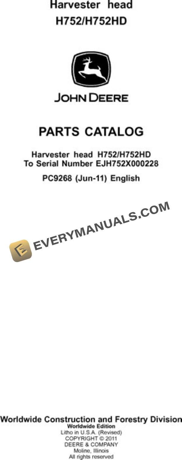 John Deere H752 H752HD Harvesting Head Parts Catalog PC9268