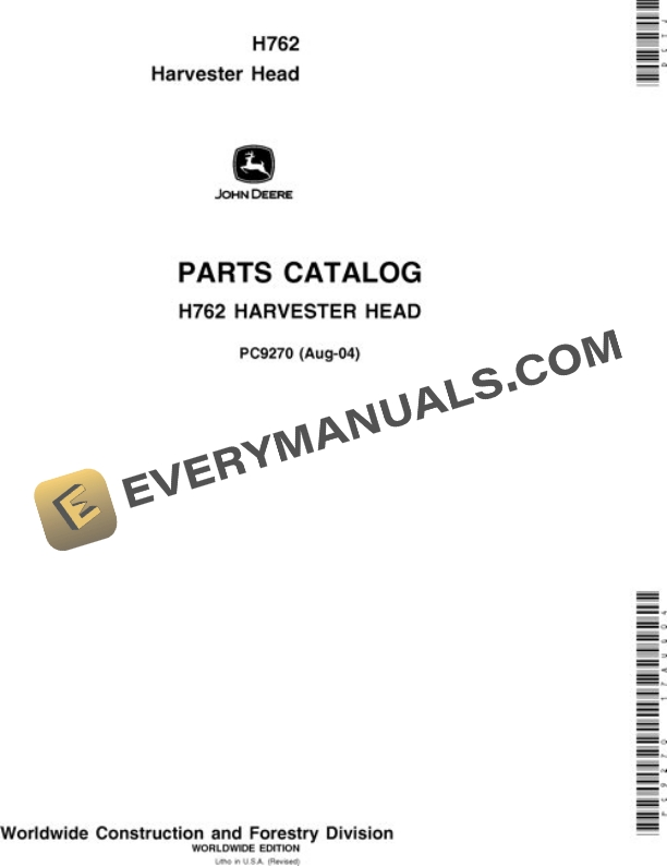John Deere H762 Harvesting Head Parts Catalog PC9270