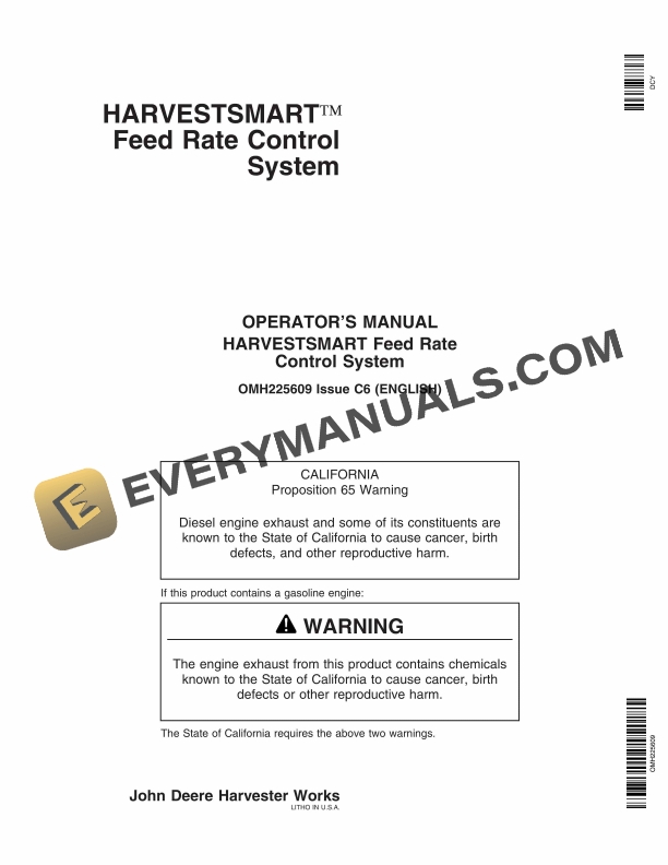 John Deere HarveSTSmart Feed Rate Control System Operator Manual OMH225609 1 John Deere HARVESTSMART Feed Rate Control System Operator Manual OMH225609 1