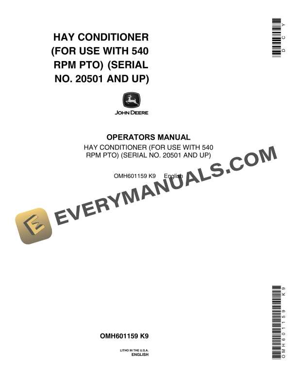 John Deere HAY CONDITIONER FOR USE WITH 540 Operator Manual OMH601159 1