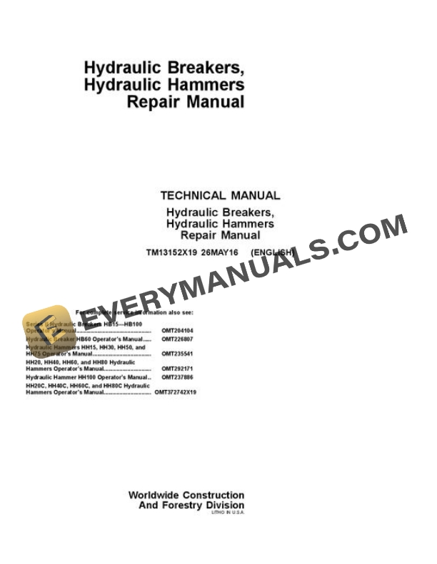 John Deere HB15 to HB85 Worksite Pro Attachment Repair Manual TM13152X19