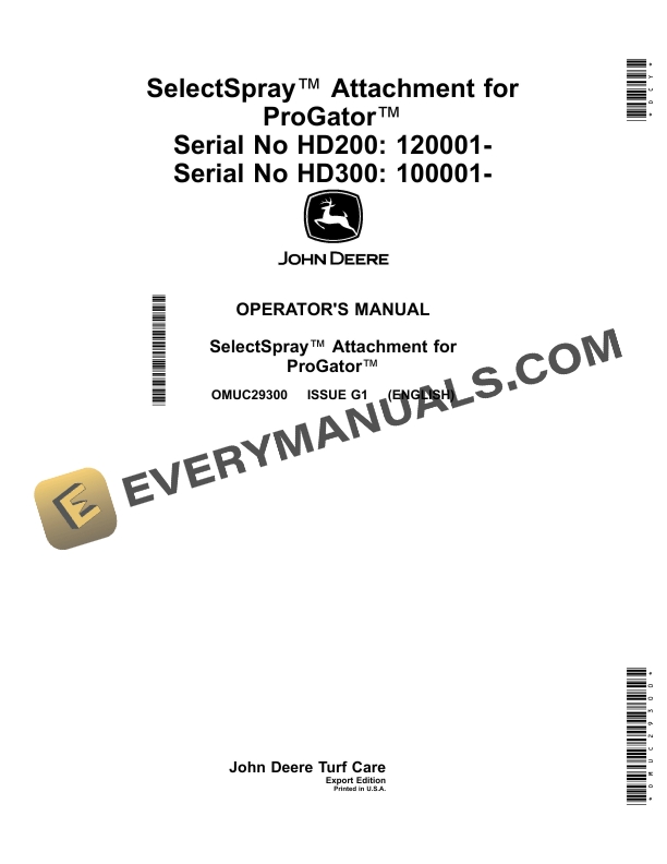 John Deere HD300 HD200 SelectSpray Attachment for ProGator Operator Manual OMUC29300 1