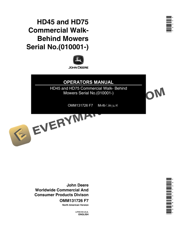 John Deere HD45 and HD75 Commercial Walk-Behind Mowers Operator Manual OMM131726