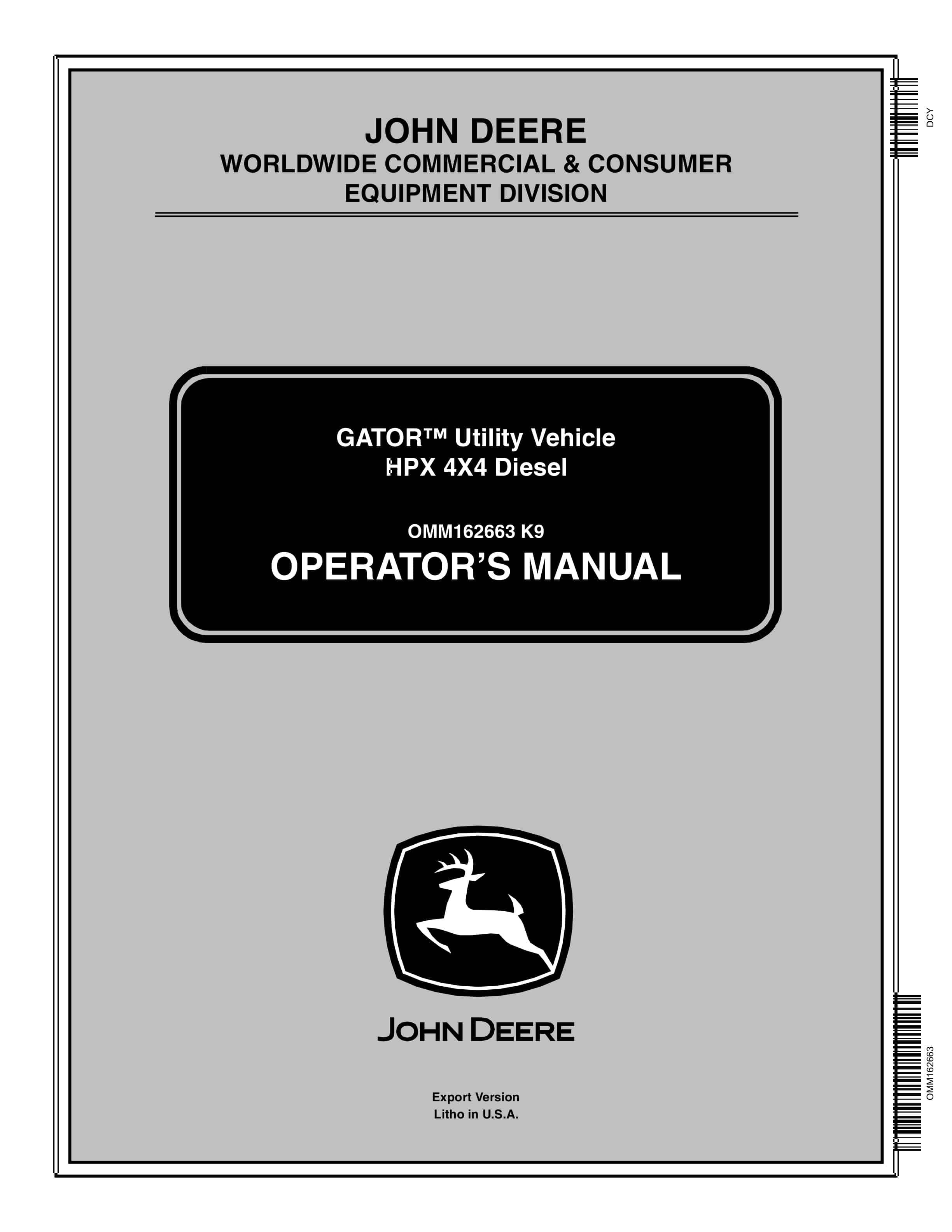 John Deere HPX 4X4 Diesel GATOR Utility Vehicles Operator Manual OMM162663 1