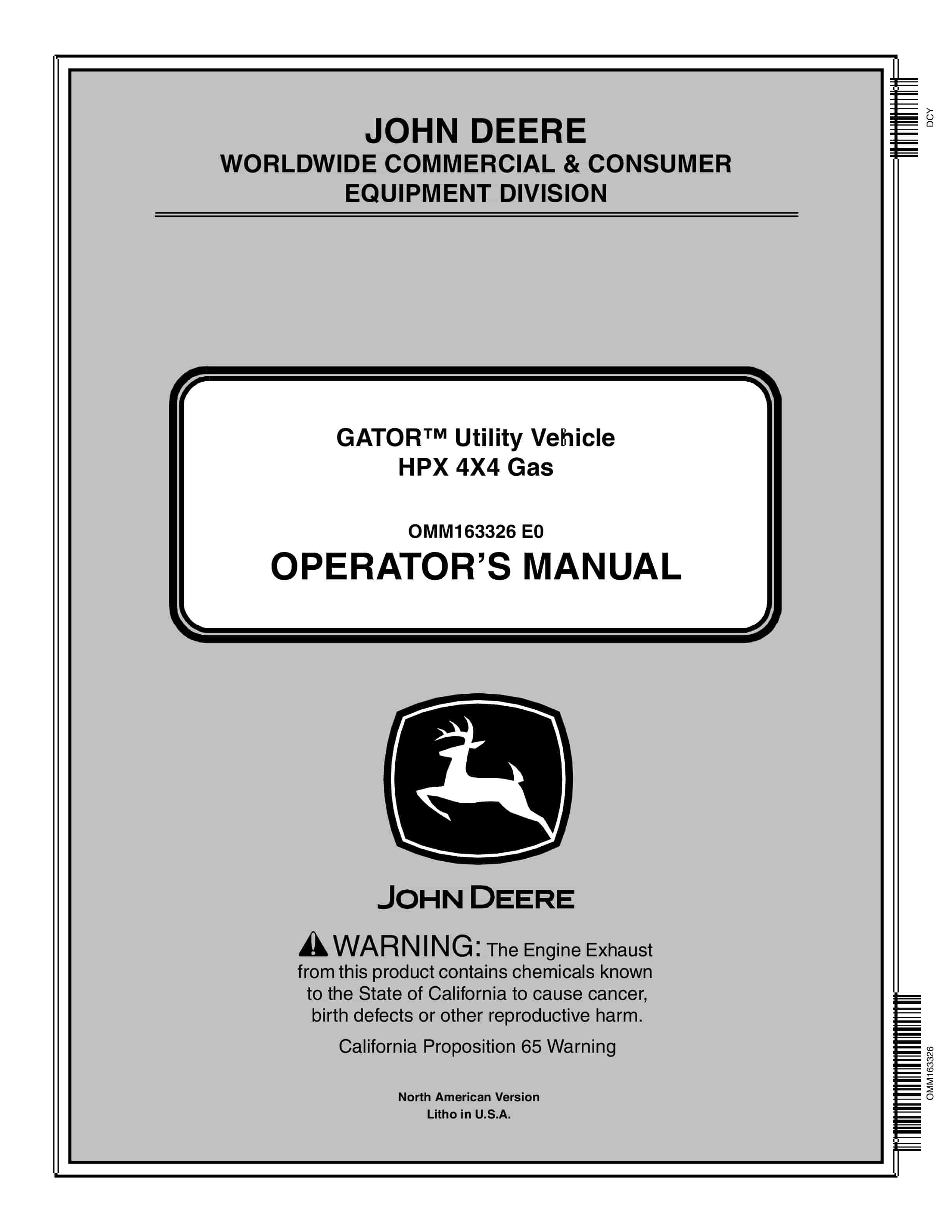 John Deere HPX 4X4 Diesel GATOR Utility Vehicles Operator Manual OMM163326 1