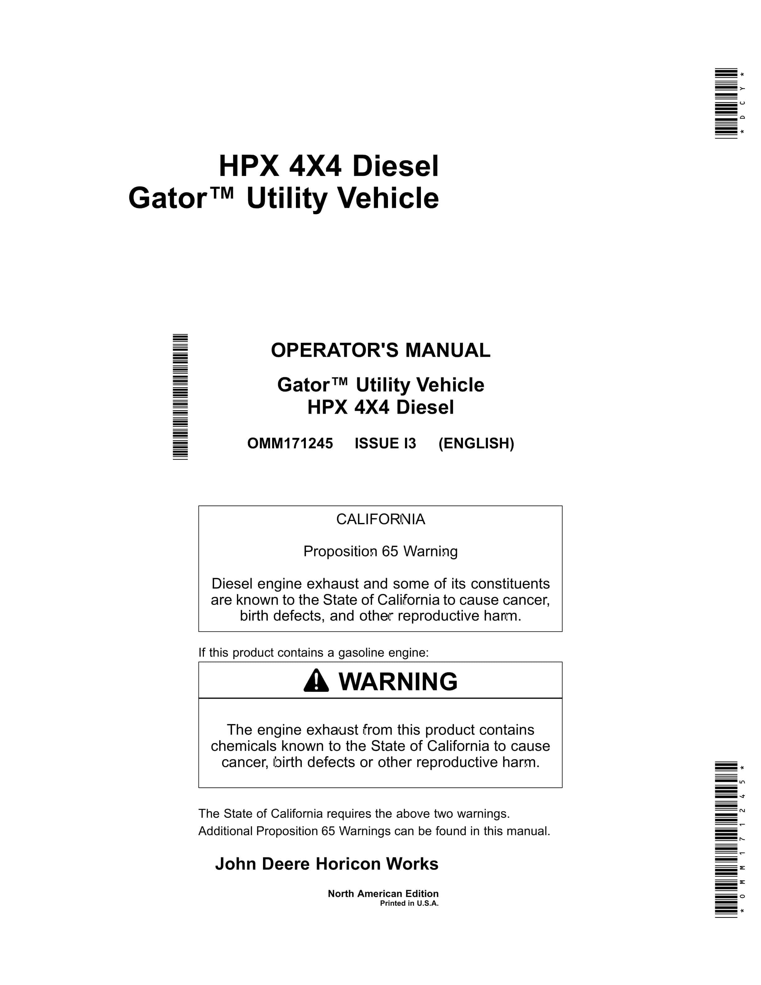 John Deere HPX 4X4 Diesel Gator Utility Vehicles Operator Manual OMM171245 1