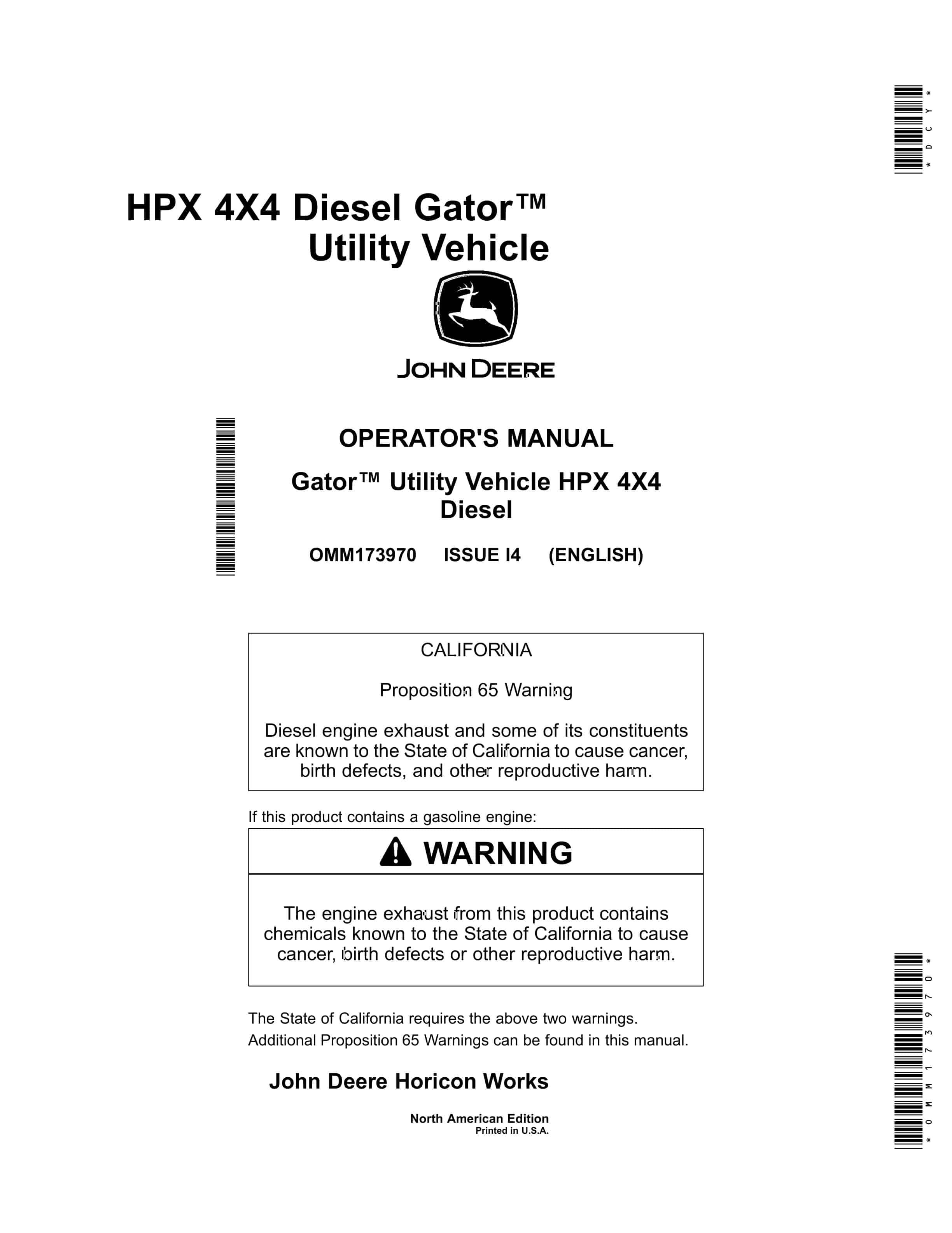 John Deere HPX 4X4 Diesel Gator Utility Vehicles Operator Manual OMM173970 1