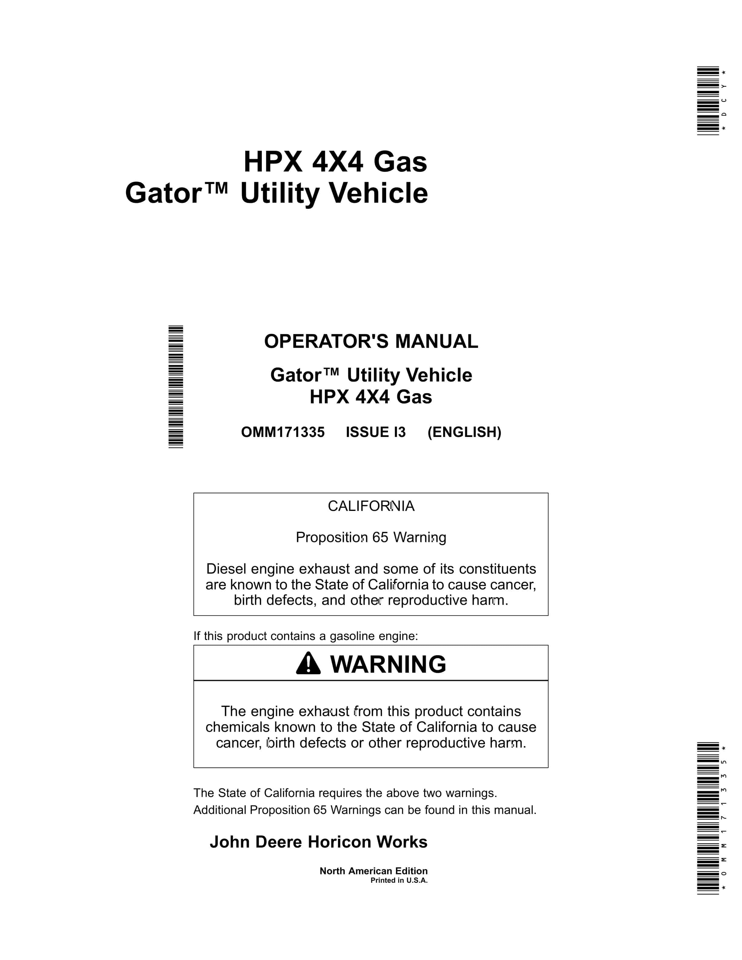 John Deere HPX 4X4 Gas Gator Utility Vehicles Operator Manual OMM171335 1