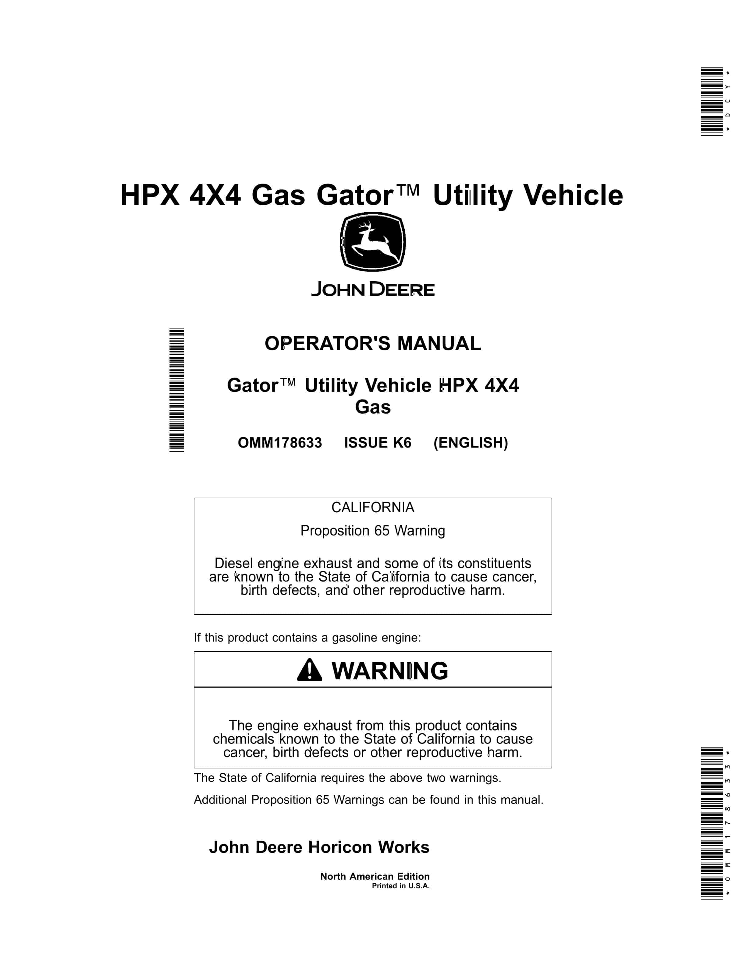 John Deere HPX 4X4 Gas Gator Utility Vehicles Operator Manual OMM178633 1
