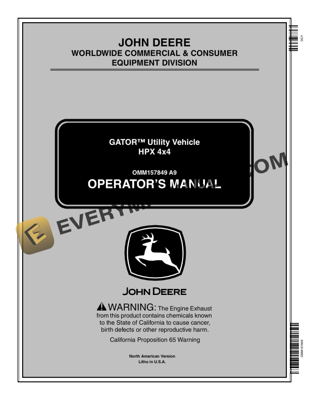 John Deere HPX 4x4 Gator Utility Vehicles Operator Manual OMM157849 2 John Deere HPX 4x4 GATOR Utility Vehicles Operator Manual OMM157849 1