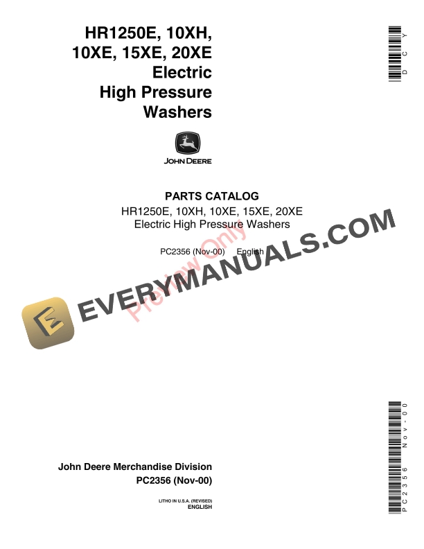 John Deere HR1250E 10XH 10XE 15XE 20XE Electric High Parts Catalog PC2356 03NOV00 1