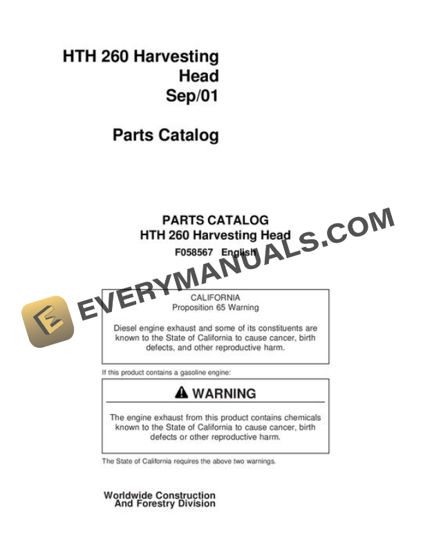 John Deere HTH260 Harvesting Head Parts Catalog F058567