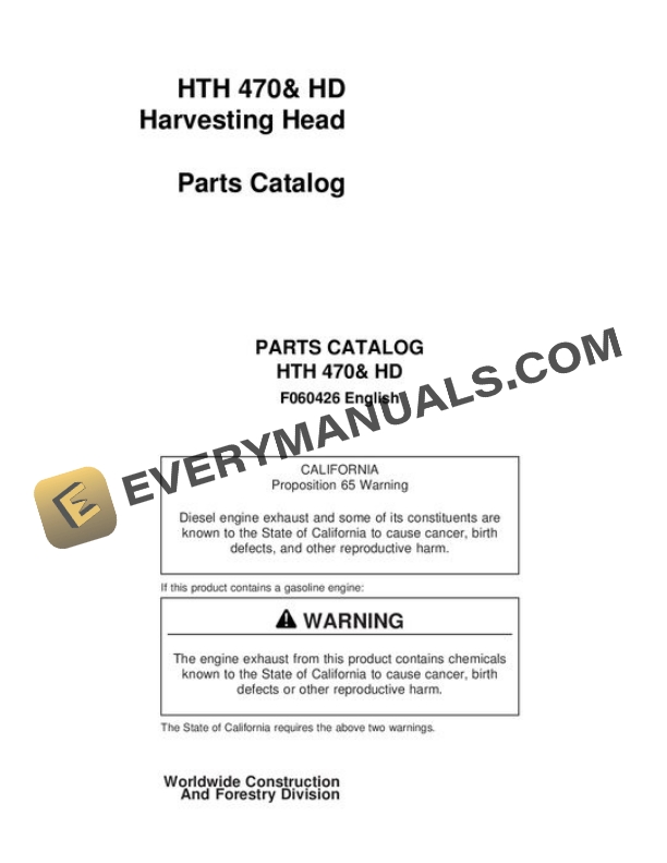 John Deere HTH470 HTH470HD Harvesting Head Parts Catalog F060426