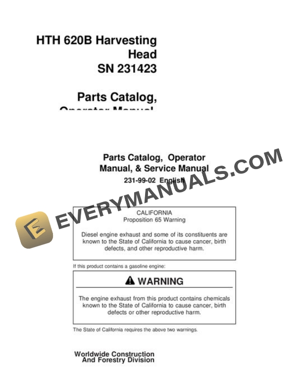 John Deere HTH620B Harvesting Head Parts Catalog 231-99-02