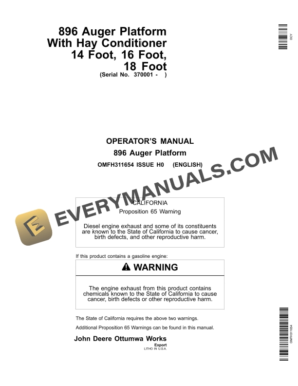 John Deere Hay Conditioner 14 Foot 16 Foot 18 Foot With 896 Auger Platform Operator Manual OMFH311654 1