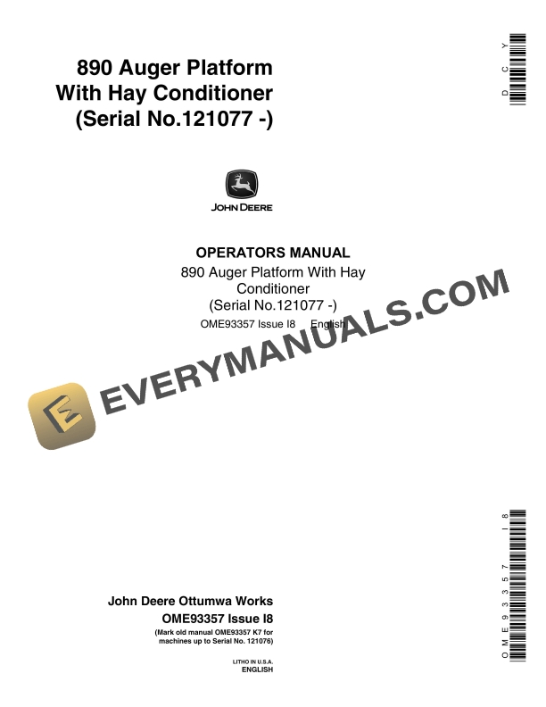 John Deere Hay Conditioner With 890 Auger Platform Operator Manual OME93357 1